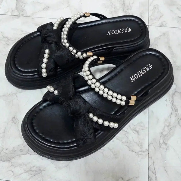 [BUNJANG] Pearl Ribbon Slip-on Shoes Black 250 / 진주 리본 슬리퍼 블랙 250