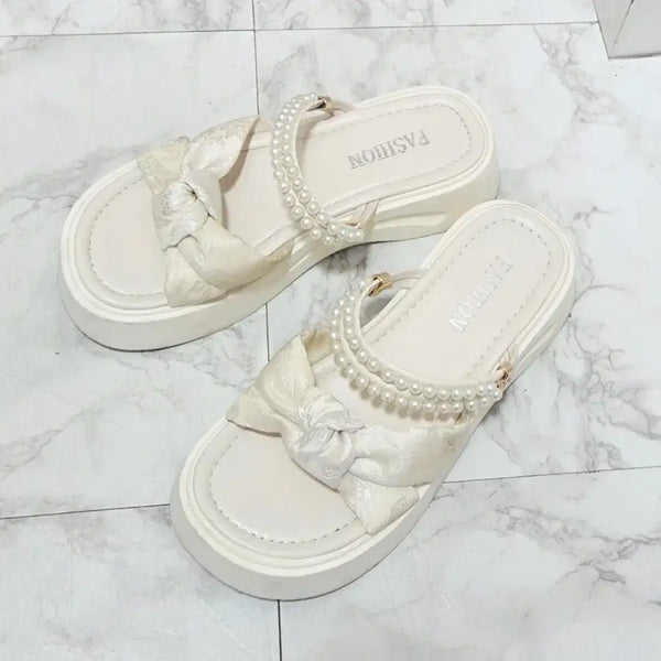 [BUNJANG] Pearl Ribbon Slippers - Ivory (245) / 진주 리본 슬리퍼 아이보리 245