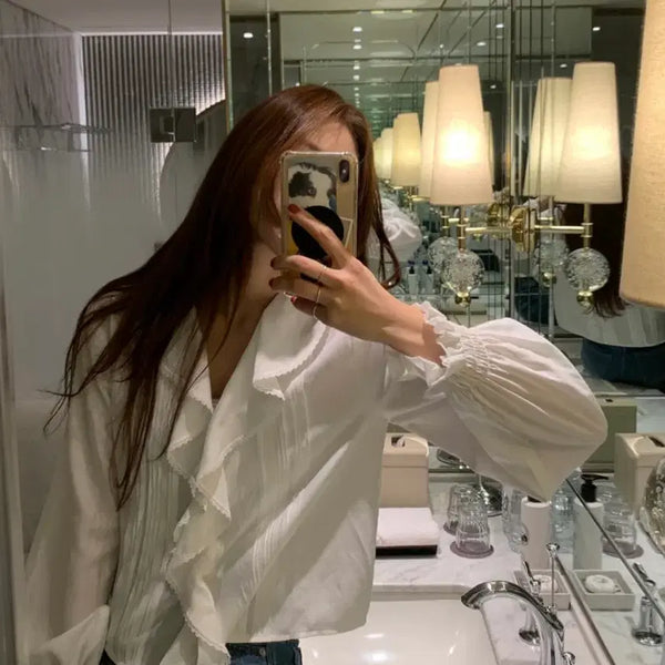 [BUNJANG] Frost J Ergo Pintuck Frill Blouse - Ivory / (F) 프로스트제이 에르 핀턱 프릴 셔츠 블라우스 아이보리