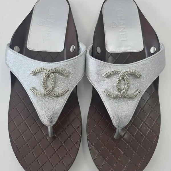 [BUNJANG] Chanel CC Silver Leather Sandals / [200%정품] 샤넬(Chanel) CC 실버 레더 샌들