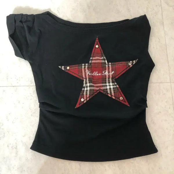 [BUNJANG] ASAQUET PRESAKI Star Asymmetrical Shirring Crop T-Shirt / 아사키프레자키 별 언발 셔링 크롭 티셔츠