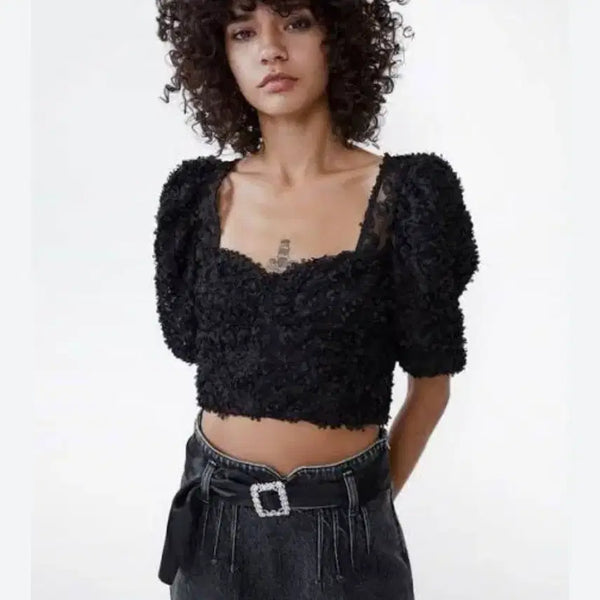 [BUNJANG] Zara 3D Flower Crop Blouse Black XS / ZARA 3D 플라워 크롭 블라우스 (블랙, XS) [H31150]