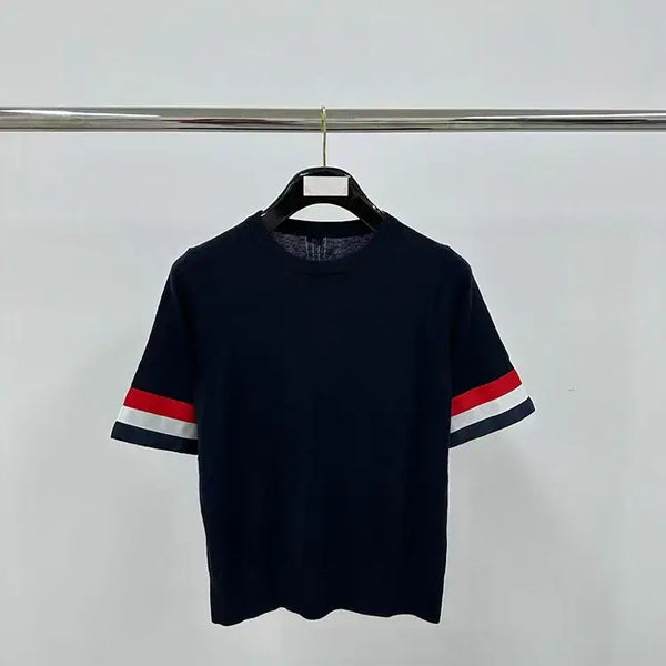 [BUNJANG] Thom Browne Fine Merino Wool Round Short Sleeve Knit T-Shirt Navy / 톰브라운 커프스 파인 메리노 울 라운드 반팔 니트 티셔츠 매장구매