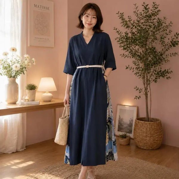 [BUNJANG] Navy Pattern Long Dress with Belt / 네이비 패턴 원피스