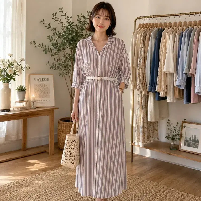 [BUNJANG] Stripe Frill Shirt Dress with Belt Set / 스트라이프 프릴 셔츠 원피스