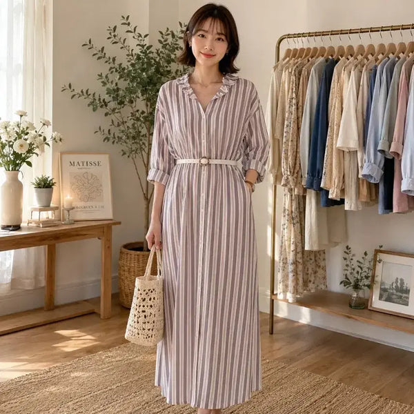 [BUNJANG] Stripe Frill Shirt Dress with Belt Set / 스트라이프 프릴 셔츠 원피스