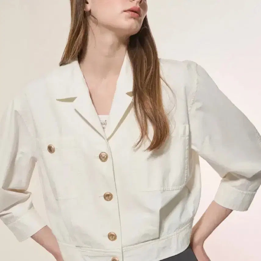 [BUNJANG] LANVIN Collection Linen Blend Cropped Jacket - Off White / 한섬 랑방컬렉션 LANVIN 린넨 블렌드 크롭 자켓-오프화이트 금장버튼