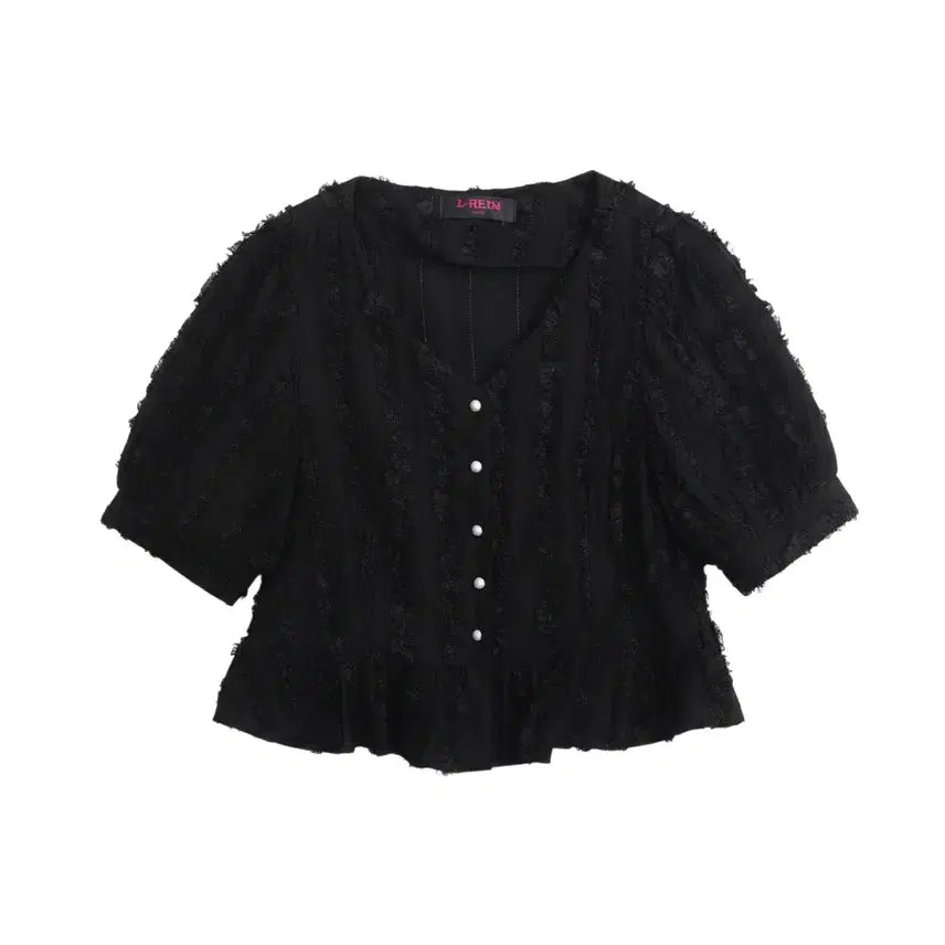 [BUNJANG] L-HEIM Pearl Button Crop Blouse (Black) / 여성F/ L-HEIM 진주버튼 크롭 블라우스BK 25-130