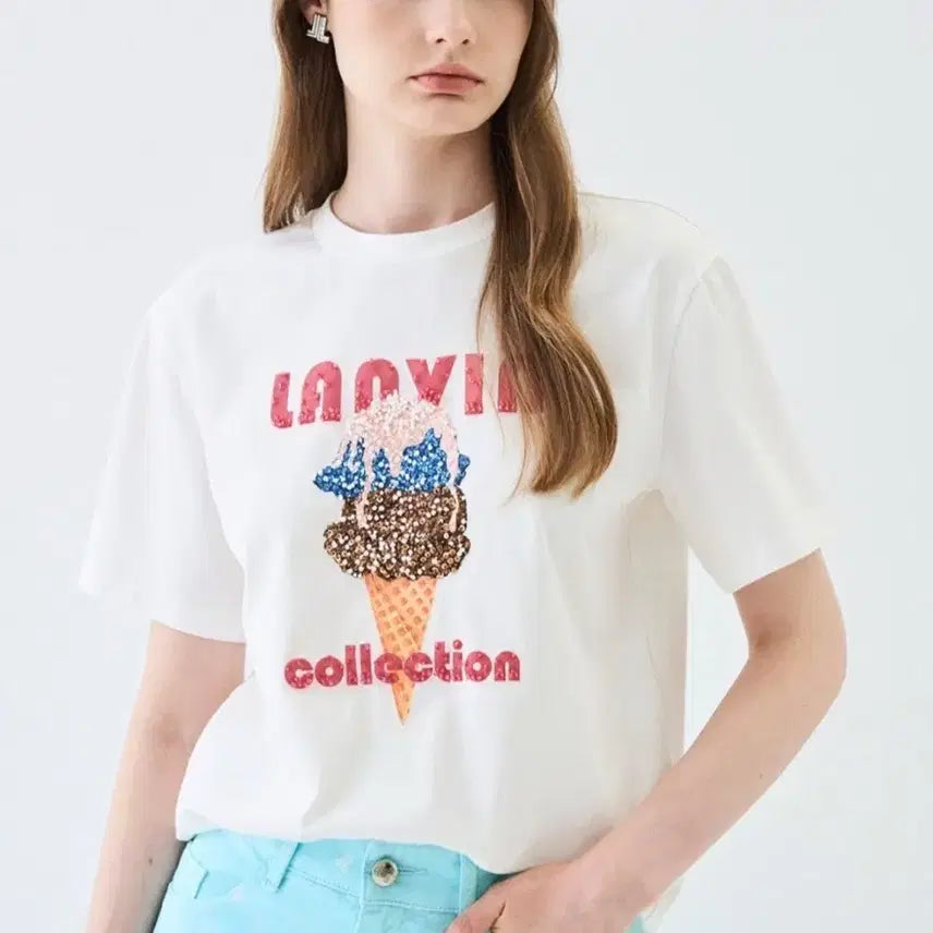 [BUNJANG] LANVIN Collection Ice Cream Beaded Short Sleeve T-shirt White / 한섬 랑방컬렉션 LANVIN 아이스크림 비즈 반팔티셔츠 화이트