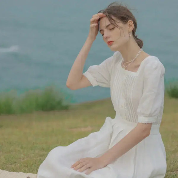 [BUNJANG] Lenina White Square Neck Linen Dress Size S / 르니나 화이트 스퀘어넥 원피스 s사이즈