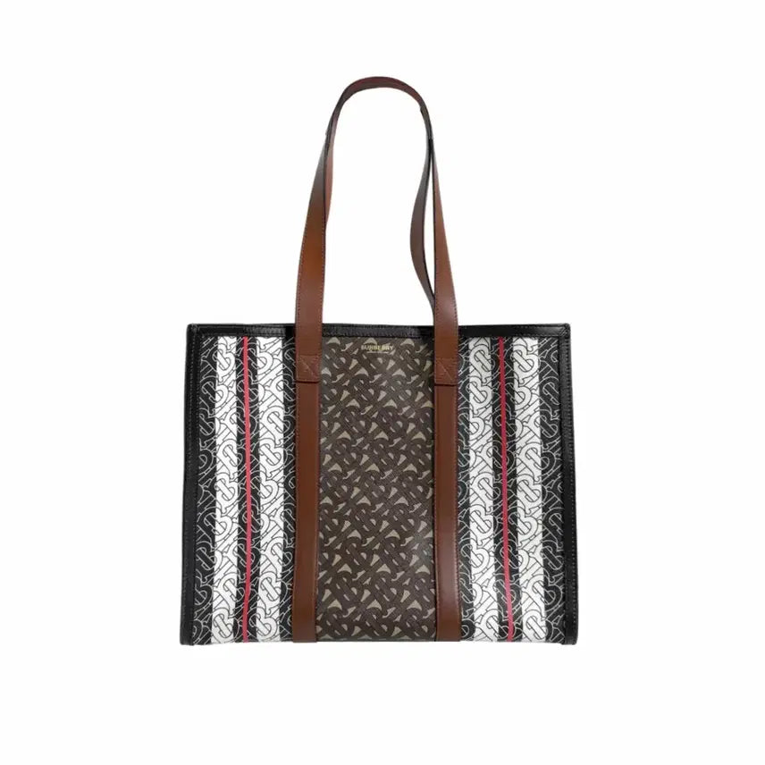 [BUNJANG] Burberry Monogram TB Stripe Leather Canvas Tote Bag Shopper Brown / 버버리 모노그램 TB 스트라이프 레더 캔버스 토트백 쇼퍼백 브라운
