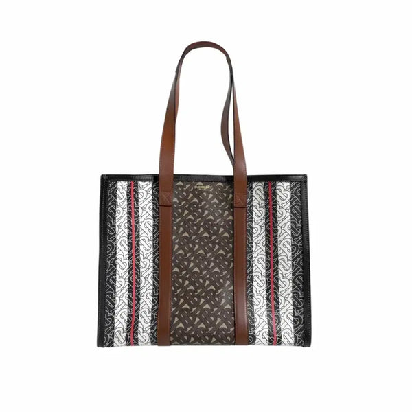 [BUNJANG] Burberry Monogram TB Stripe Leather Canvas Tote Bag Shopper Brown / 버버리 모노그램 TB 스트라이프 레더 캔버스 토트백 쇼퍼백 브라운