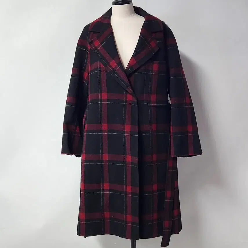 [BUNJANG] A&D Red Check Wool Blend Belted Long Coat Size 66 / A&D 레드 체크 울혼방 벨티드 롱코트 66