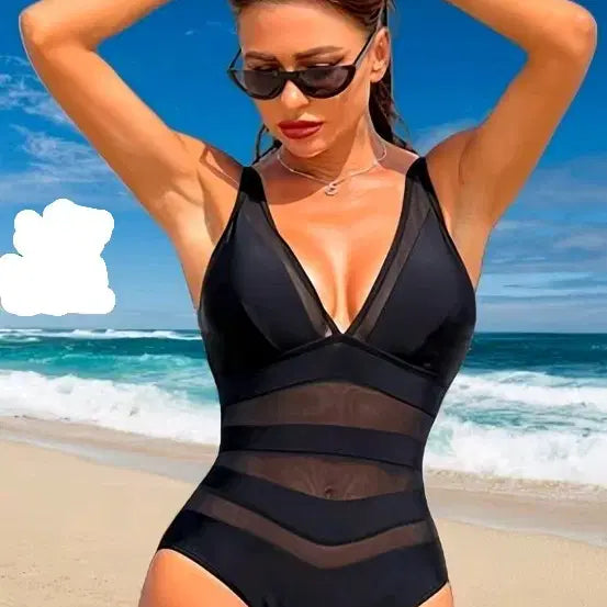 [BUNJANG] Black See-Through V-Neck One-Piece Swimsuit (Size L-XL) / 여성 원피스 수영복 블랙 시스루88~99