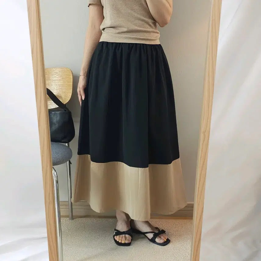 [BUNJANG] Colorblock Flare Long Skirt with Back Elastic (Black/Beige) / (F)여성 배색 플레어 롱 스커트 뒷밴딩 블랙 베이지 B5W4338