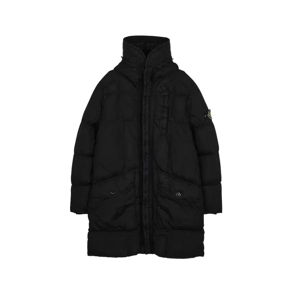 [BUNJANG] Stone Island Crinkle Reps Hooded Long Down Jacket Black / 스톤 아일랜드 크링클랩스 후드 롱 다운 자켓