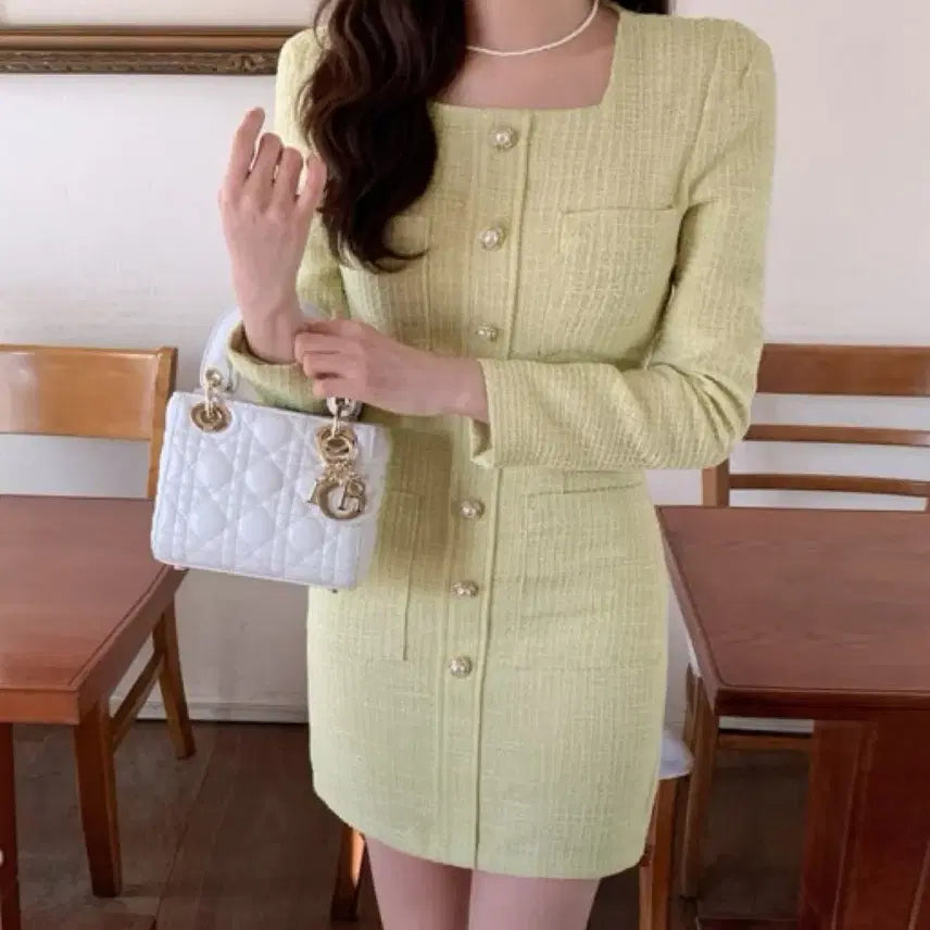 [BUNJANG] ATTRANGS Yellow Tweed Square Neck Dress M / 아뜨랑스 옐로우 트위드 원피스