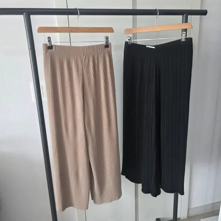 [BUNJANG] Pleated Wide Pants Set (Beige/Black) / 주름 와이드 팬츠 베이지/블랙 2종세트