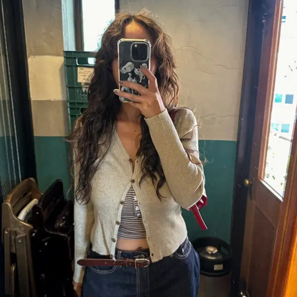 [BUNJANG] Camwave Beige Ribbed V-Neck Cardigan Set / (세트) 캄웨이브 베이지 골지 브이넥 가디건