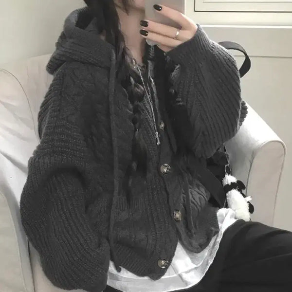 [BUNJANG] Hooded Knit Cardigan Dark Gray / 미사용 후드 니트 가디건 다크 그레이