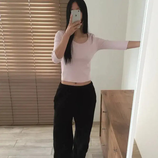 [BUNJANG] Heeran U-Neck 7-Sleeve T-Shirt Pink / 희란 유넥 7부 티셔츠 핑크