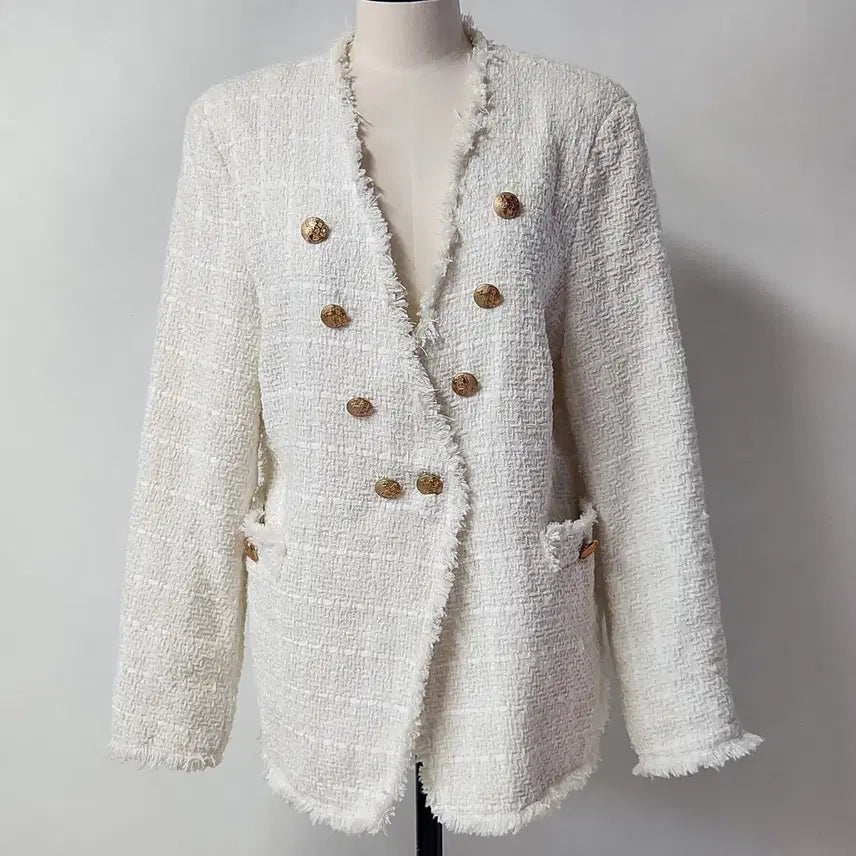 [BUNJANG] BBWM Gold Button Fringe Tweed Jacket White Women's L / BBWM 금장 단추프레이드 트위드 자켓 화이트 여성  L
