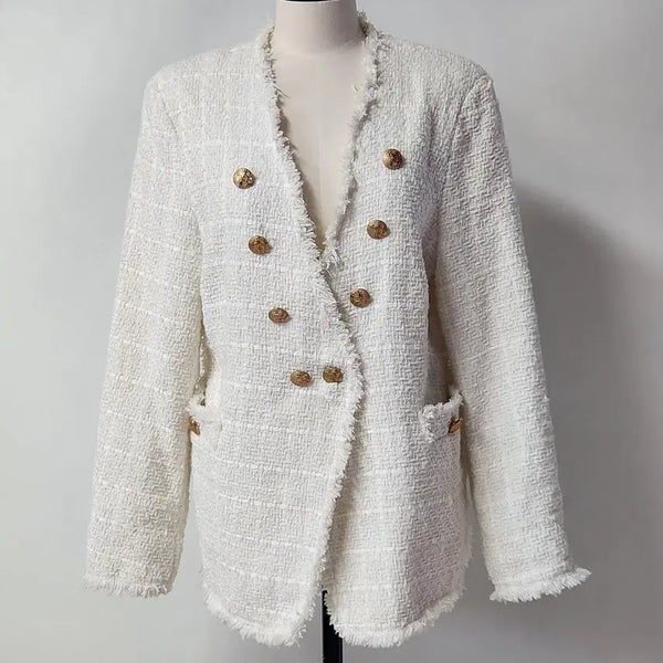 [BUNJANG] BBWM Gold Button Fringe Tweed Jacket White Women's L / BBWM 금장 단추프레이드 트위드 자켓 화이트 여성  L