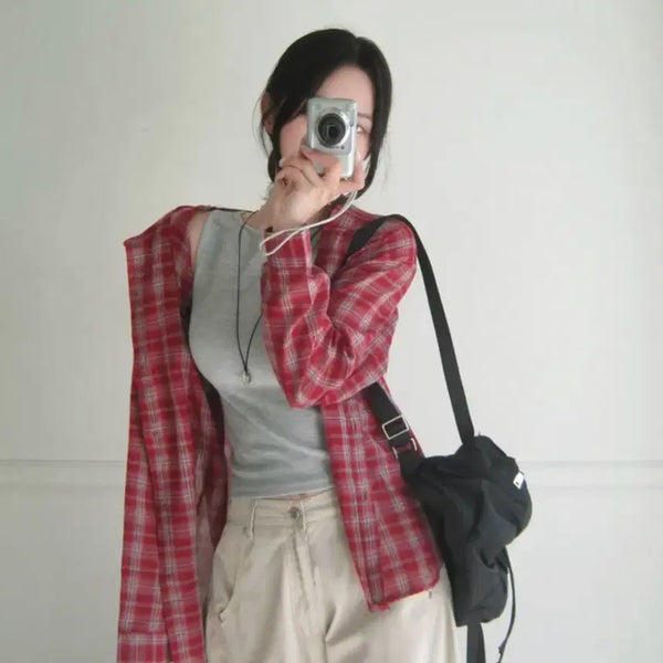 [BUNJANG] Women's Red Check Pattern Shirt / 체크 남방 셔츠