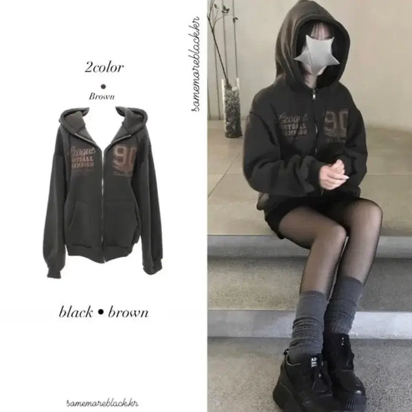 [BUNJANG] Fleece Lined Zip-Up Hoodie Brown / 기모 후드집업