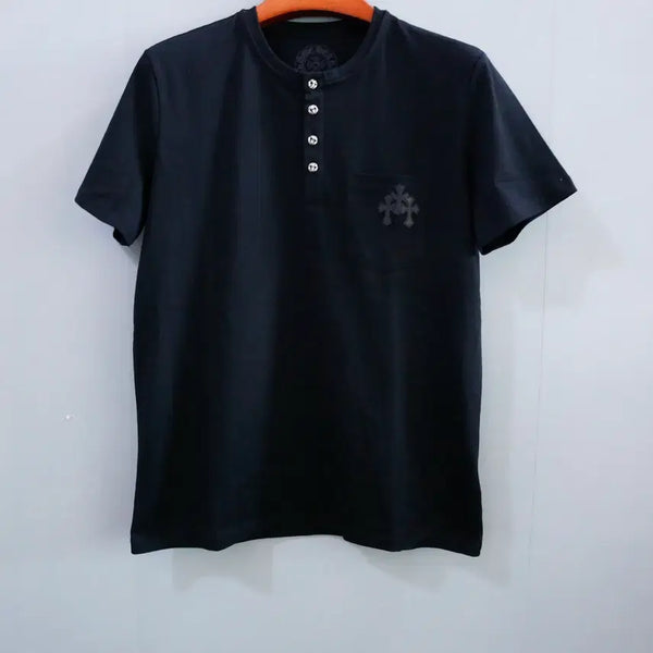 [BUNJANG] Chrome Hearts Leather Cross Patch Henley T-Shirt Black / 크롬하츠 크로스 레더 패치 포켓 헨리넥 반팔 티셔츠 블랙
