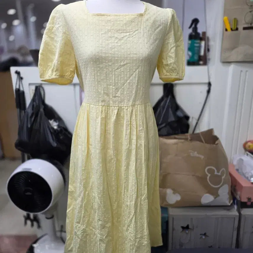 [BUNJANG] Square Neck Puff Short Sleeve Midi Dress Yellow / 스퀘어넥 퍼프 반팔 미디 원피스 옐로우