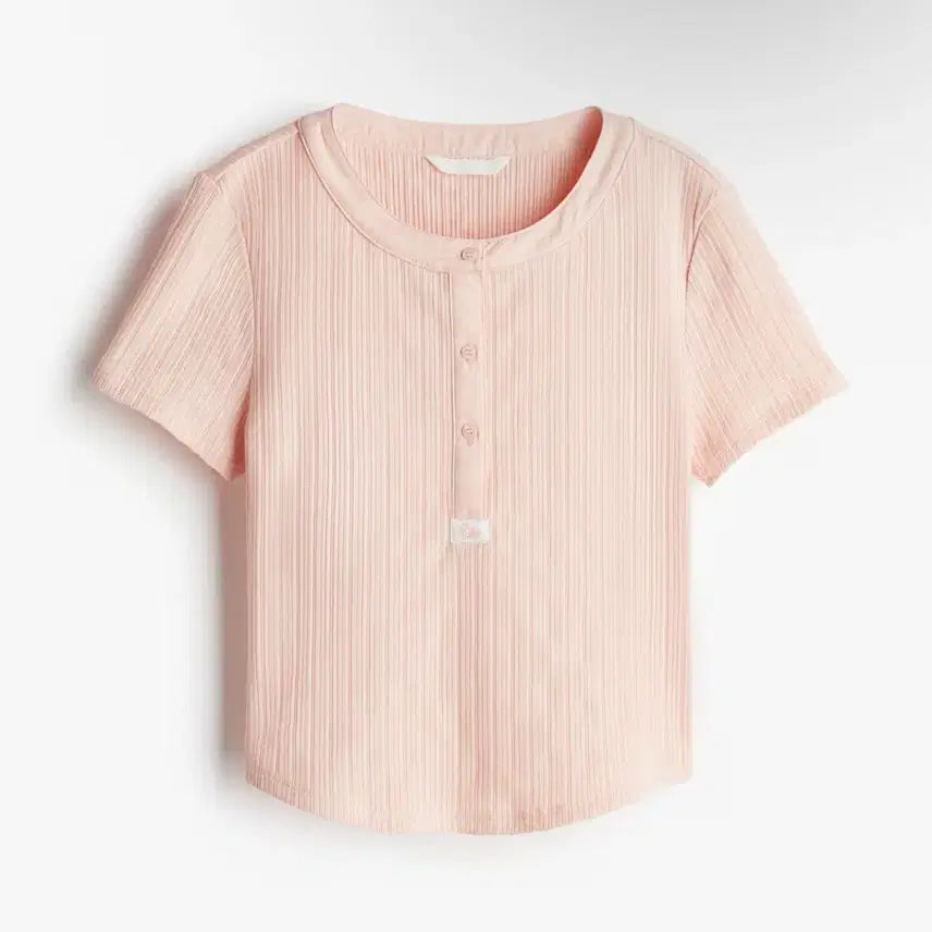 [BUNJANG] H&M Henry Neck Short Sleeve Knit Apricot / H&M 헨리넥 반팔 니트 핑크,애프리콧 니트,헨리넥반팔티,단추티,단추니트