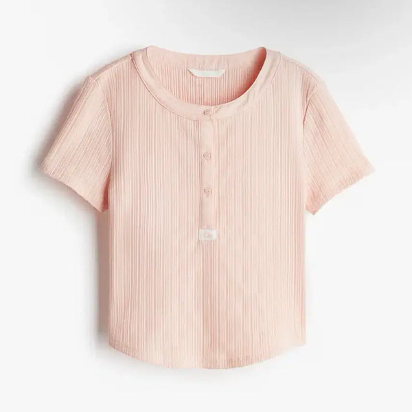 [BUNJANG] H&M Henry Neck Short Sleeve Knit Apricot / H&M 헨리넥 반팔 니트 핑크,애프리콧 니트,헨리넥반팔티,단추티,단추니트