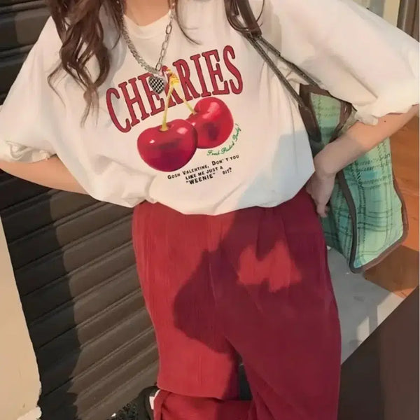 [BUNJANG] Cherry Lettering Short Sleeve T-Shirt White / 체리 레터링 반팔 티셔츠 화이트