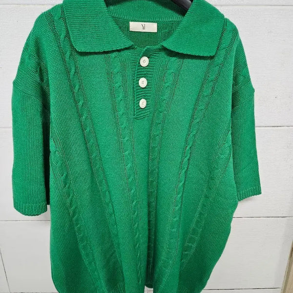 [BUNJANG] Green Cable Knit Half Collar Sweater / 그린 꽈배기 하프 카라니트