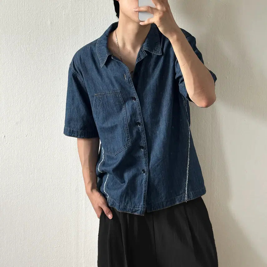 [BUNJANG] Insilence Vintage Cutting Line Denim Shirt / 인사일런스 빈티지 커팅라인 반팔 데님셔츠