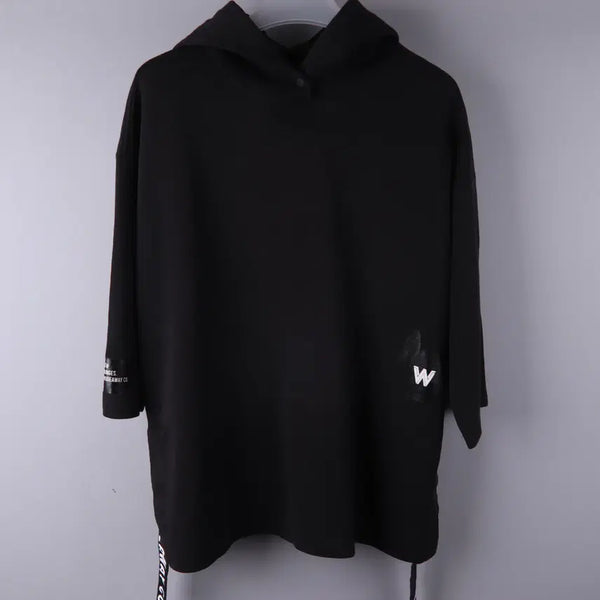 [BUNJANG] Lifework Women's Long Side Slit Short Sleeve Hoodie Black / (여성) 라이프워크 사이드 롱 슬릿 반팔 후디 블랙 (F)