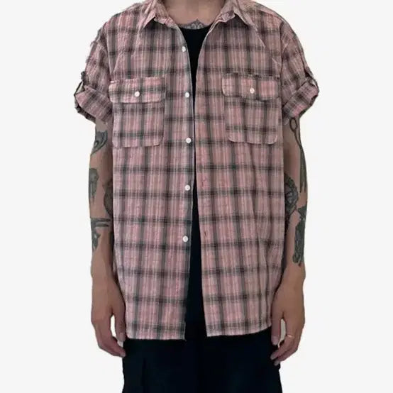 [BUNJANG] SENSI Garment Dyed Check Shirt (Washed Pink) / 센씨 가먼트 다잉 체크 셔츠 (워시드 핑크)