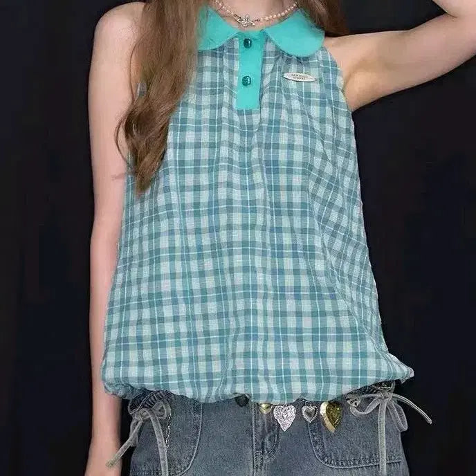 [BUNJANG] Check Sleeveless Blouse / 체크 민소매 블라우스