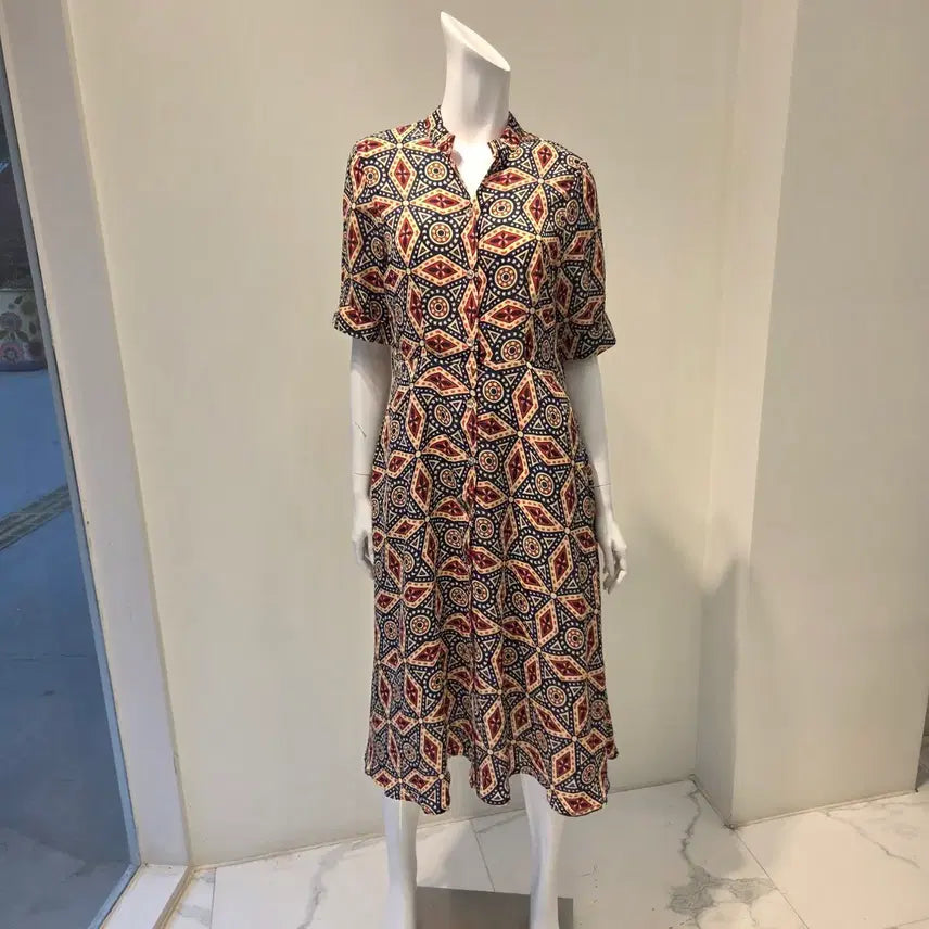 [BUNJANG] Ethnic Geometric Pattern Shirt Collar Long Dress / 롱원피스 에스닉 기하학 패턴 셔츠 카라[새상품/급처/FREE 55~66]