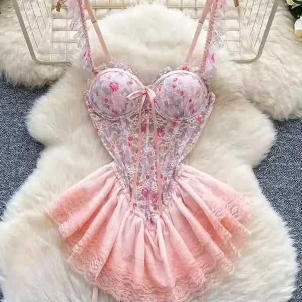 [BUNJANG] Pink Flower Lace Corset Set / 핑크 플라워 레이스 코르셋. 2세트 무료배송