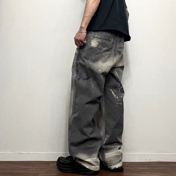 [BUNJANG] GU Vintage Dirty Washing Painting Grey Denim Pants / GU 빈티지 더티워싱 페인팅 그레이 데님팬츠