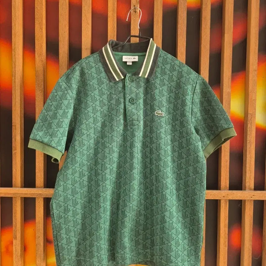[BUNJANG] Lacoste Pattern Short Sleeve Polo Shirt Green 105 / 라코스테 패턴 반팔 카라티 그린105ㄷ