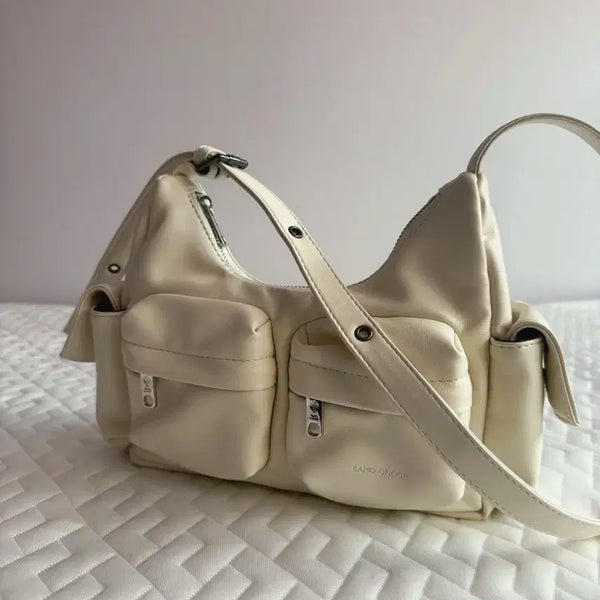 [BUNJANG] Dual Pocket Leather Shoulder Bag Crossbody Cream White S / 듀얼 포켓 가죽 숄더백 크로스백 크림화이트 S