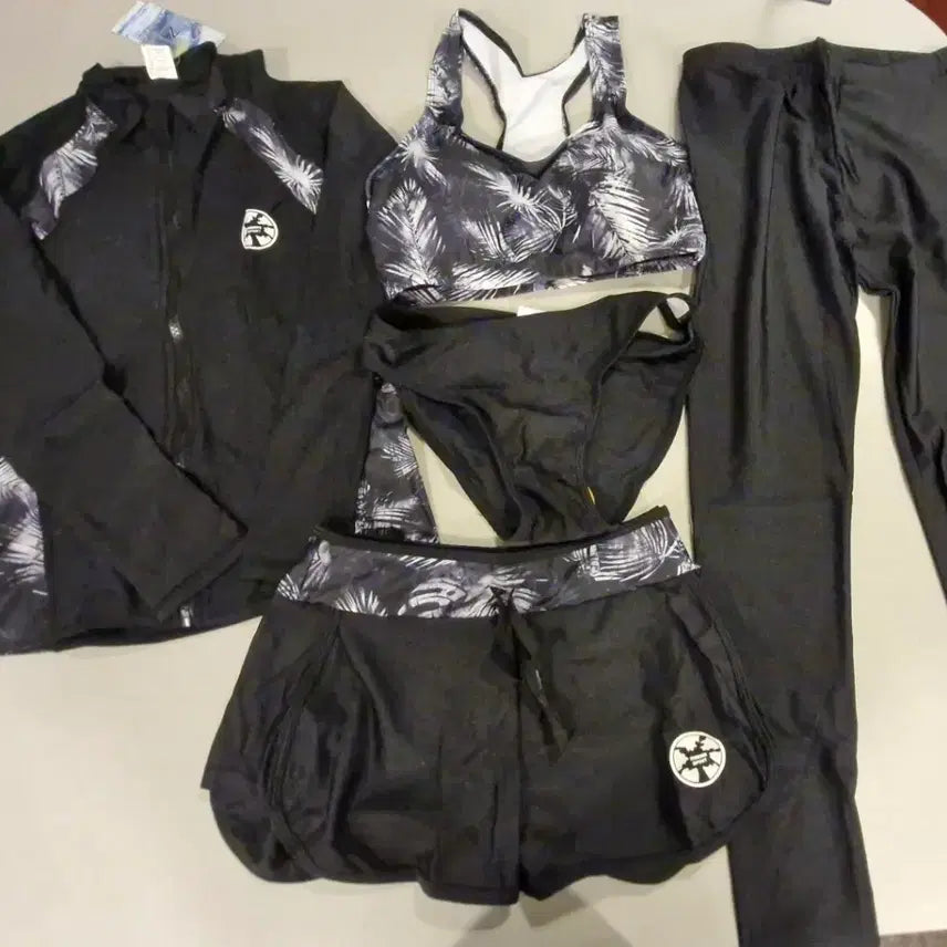 [BUNJANG] Black Palm Tree Pattern Women's Rash Guard Swimsuit 5-Piece Set / (미착용.새상품.무료배송)블랙 야자수패턴 여성래쉬가드 수영복 5종세트