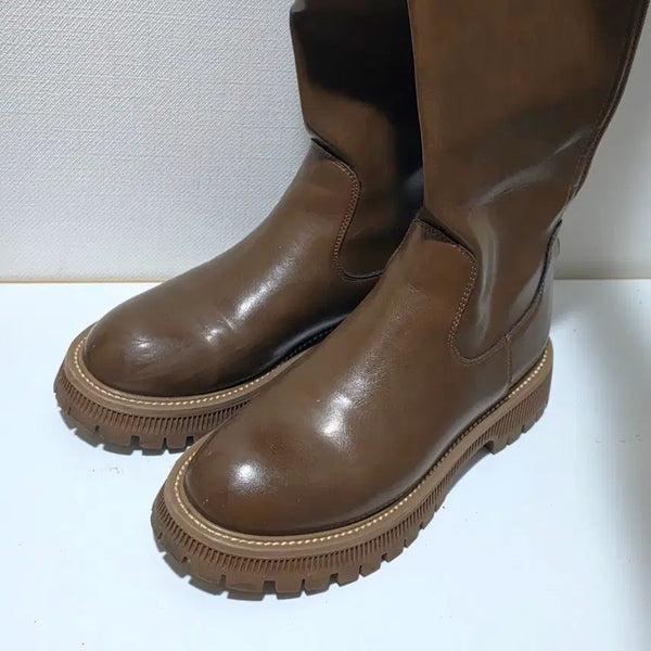 [BUNJANG] Brown Chunky Heel Long Boots Chelsea Boots Size 240 / 브라운 통굽 롱부츠 첼시부츠 240