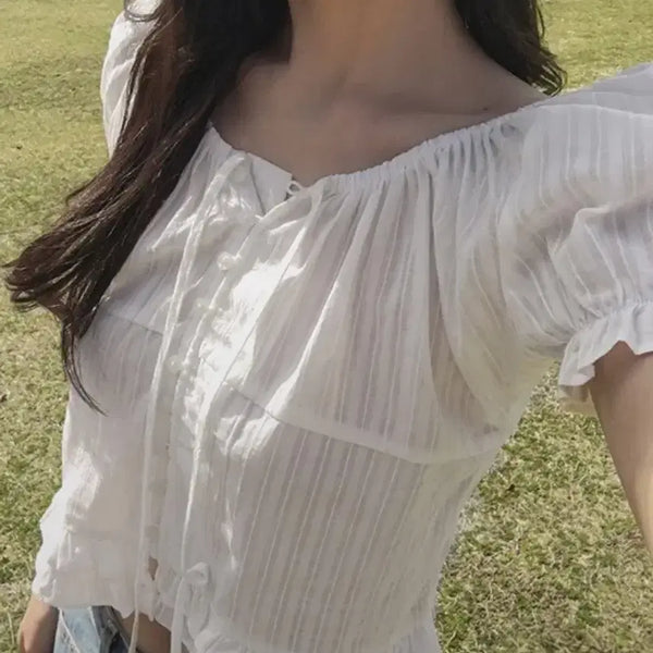 [BUNJANG] Puff Sleeve Off-Shoulder Blouse with Ribbon Detail / 퍼프 반팔 리본 오프숄더 블라우스 화이트