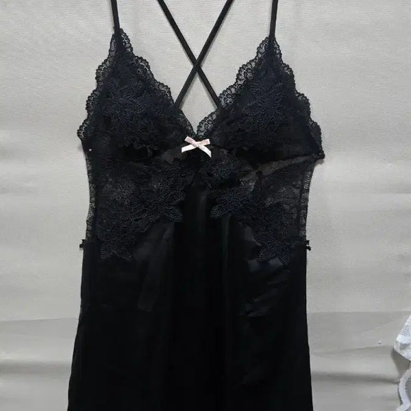 [BUNJANG] Black Satin & Lace Pajama Slip Dress / 슬립95