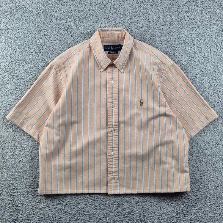 [BUNJANG] Polo Ralph Lauren Light Orange Stripe Cropped Custom Short Sleeve Shirt / 폴로랄프로렌 반팔 셔츠 크롭커스텀 ( M추정 ) / 12937