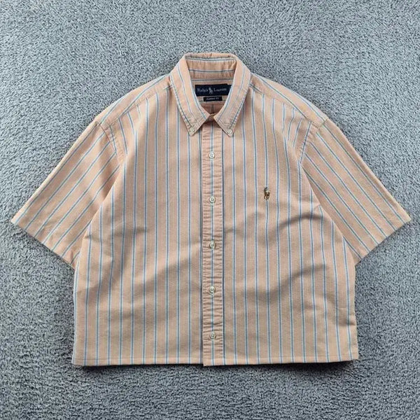 [BUNJANG] Polo Ralph Lauren Light Orange Stripe Cropped Custom Short Sleeve Shirt / 폴로랄프로렌 반팔 셔츠 크롭커스텀 ( M추정 ) / 12937